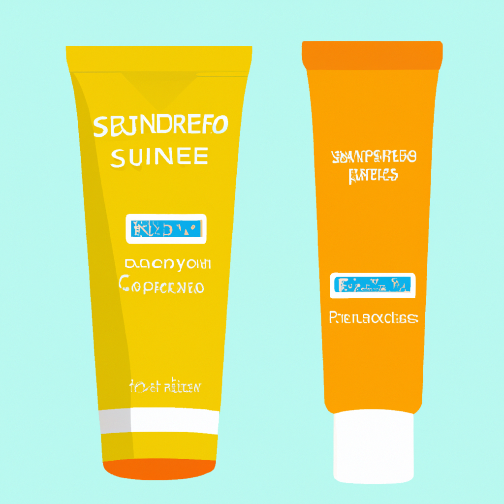 An image contrasting two sunscreens: one showing a chemical sunscreen with a lightweight, transparent texture, absorbing into the skin, while the other showcasing a physical sunscreen with a thick, opaque consistency, sitting on the skin's surface