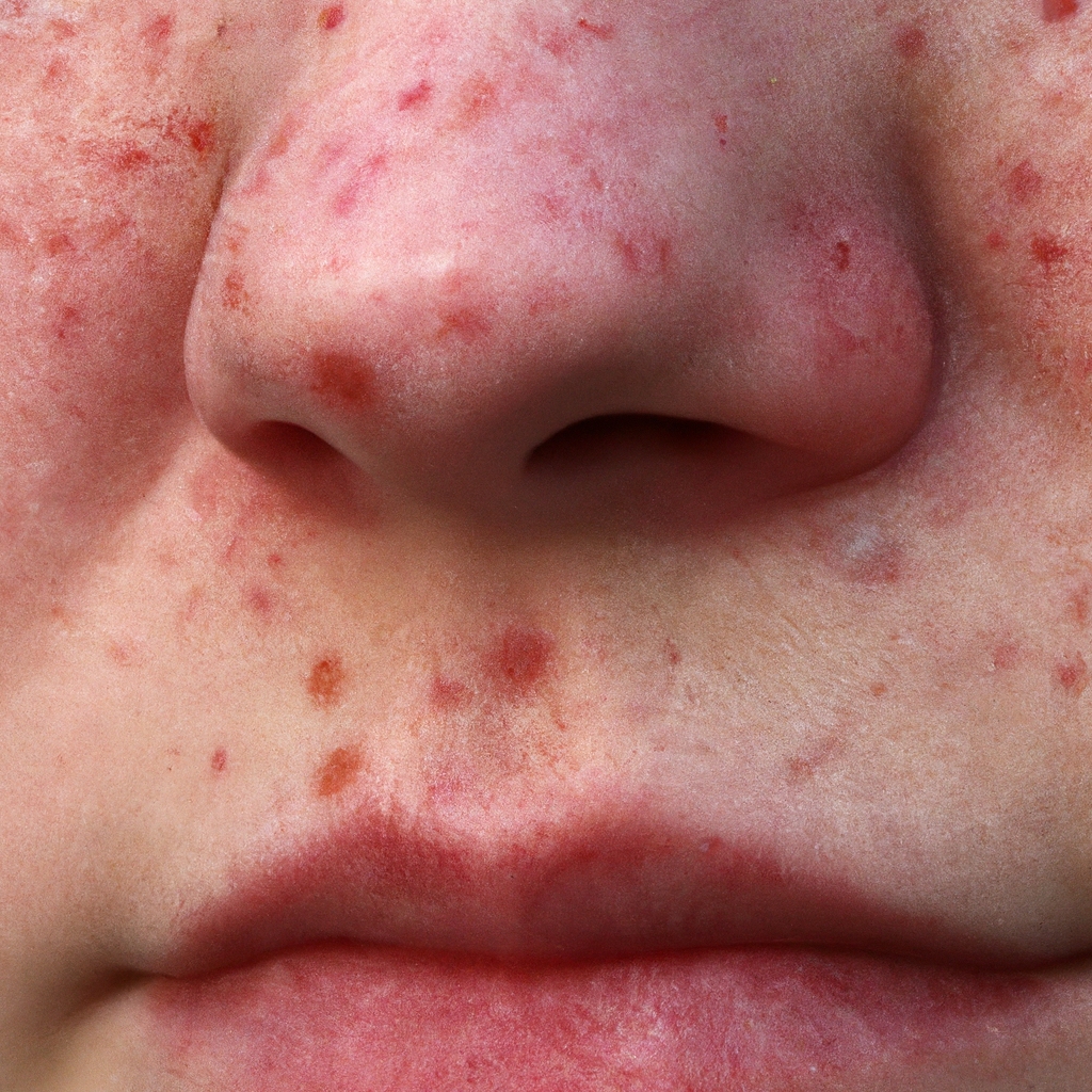 An image showcasing the anguish of a person with cystic acne: a close-up of their face, contorted with pain, with inflamed, red bumps, and deep, pus-filled cysts contrasting against clear, healthy skin