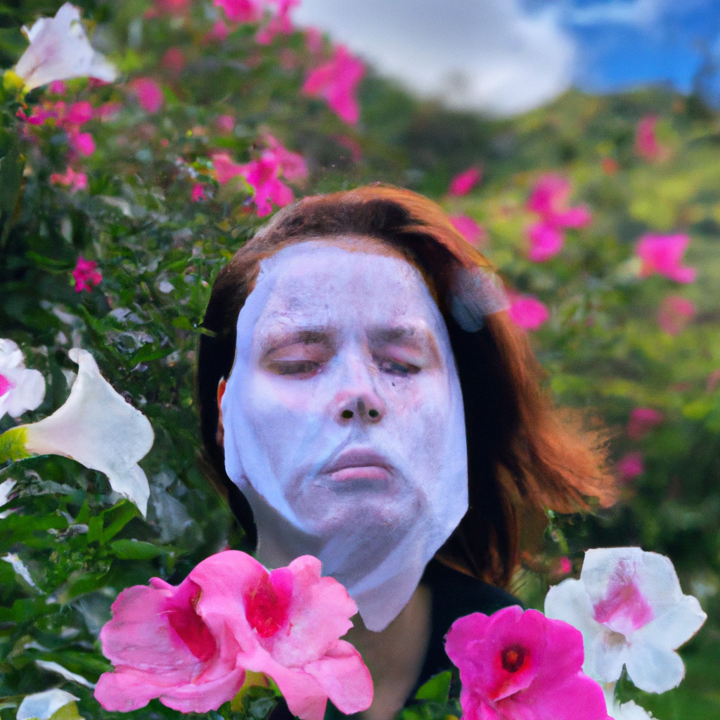 An image showcasing a serene setting with a person wearing a sheet mask, their face visibly refreshed