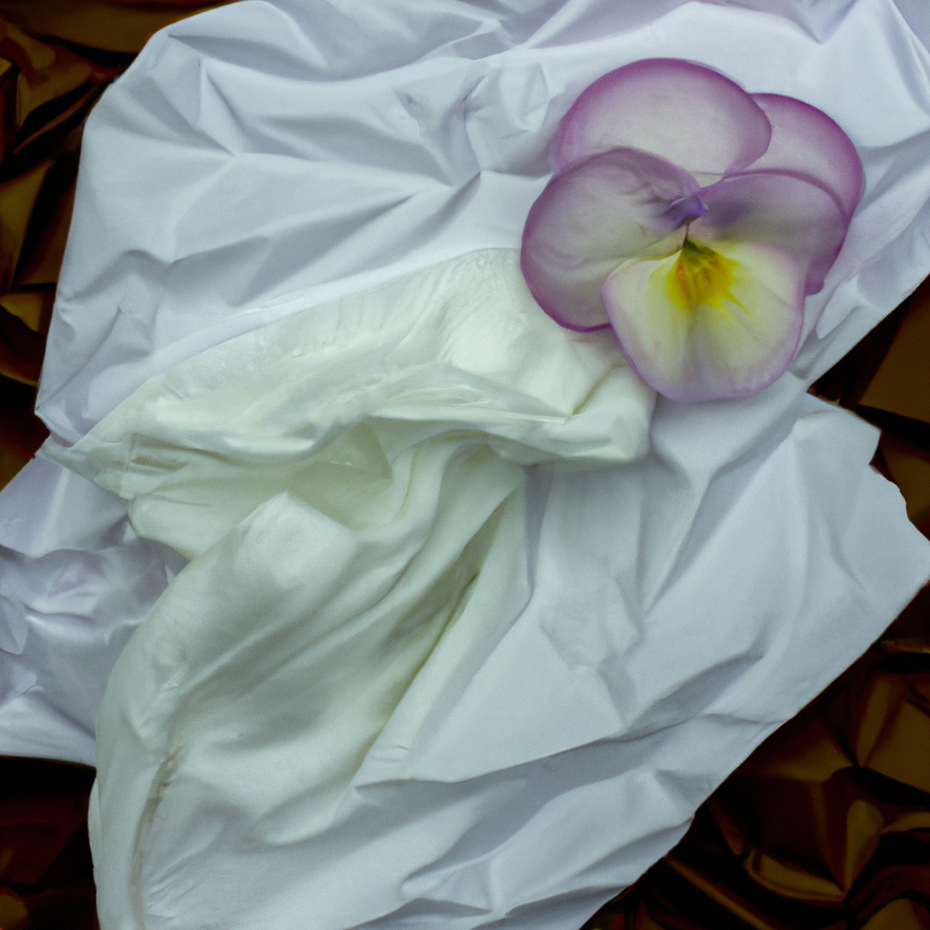 An image showcasing a crumpled face wipe, saturated with harmful chemicals, lying atop a delicate flower