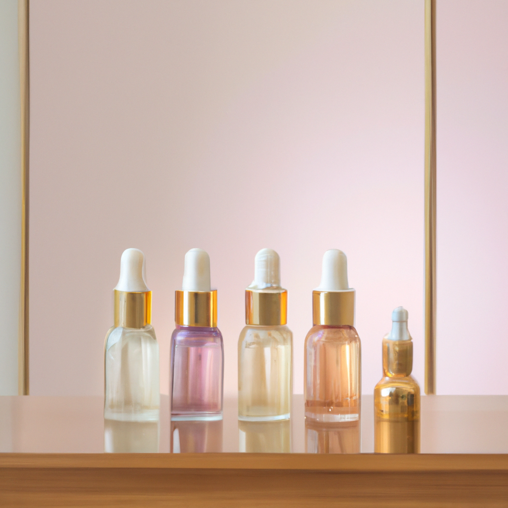 An image showcasing an elegant vanity table adorned with an array of meticulously arranged serum bottles, each glistening with opulent colors and textures