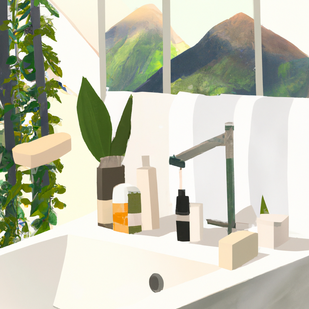 An image featuring a serene, sunlit bathroom with a minimalistic vanity adorned with a variety of botanical skincare products, surrounded by lush green plants and a cascading waterfall in the background