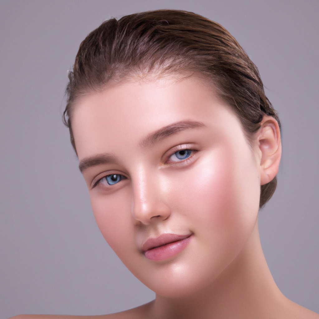 An image showcasing a radiant, dewy-skinned woman with a flawless complexion