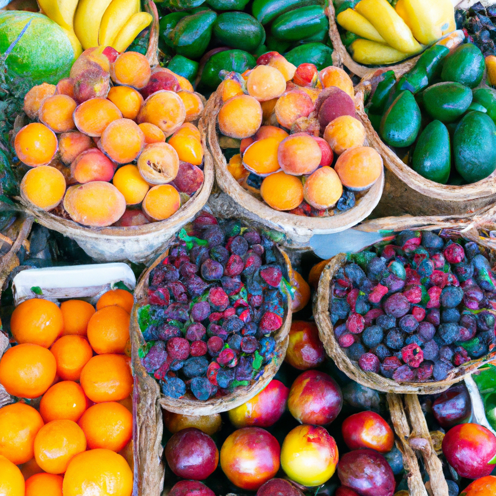 An image of a vibrant fruit and vegetable market, overflowing with colorful produce, showcasing an array of antioxidant-rich foods like berries, leafy greens, and citrus fruits that nourish and illuminate the skin